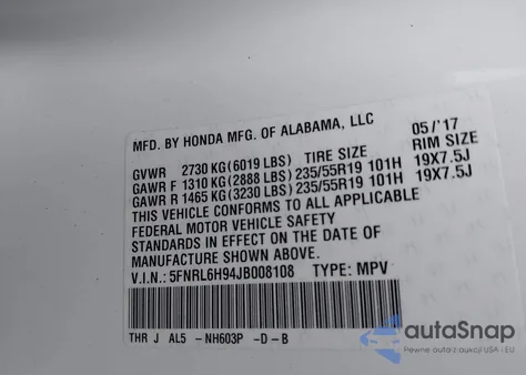 2018 Honda Odyssey Elite z USA, uszkodzony, nr VIN 5FNRL6H94JB008108